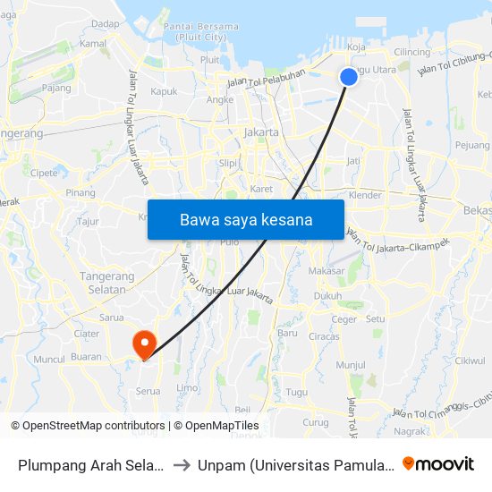Plumpang Arah Selatan to Unpam (Universitas Pamulang) map