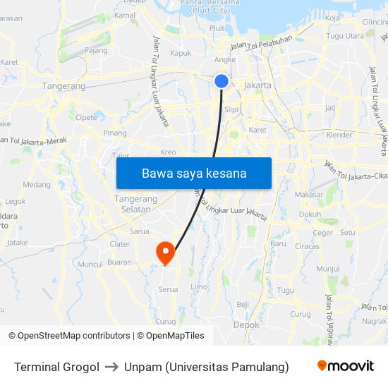 Terminal Grogol to Unpam (Universitas Pamulang) map