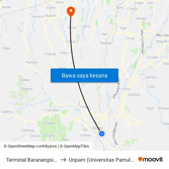 Terminal Baranangsiang to Unpam (Universitas Pamulang) map