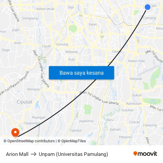 Arion Mall to Unpam (Universitas Pamulang) map