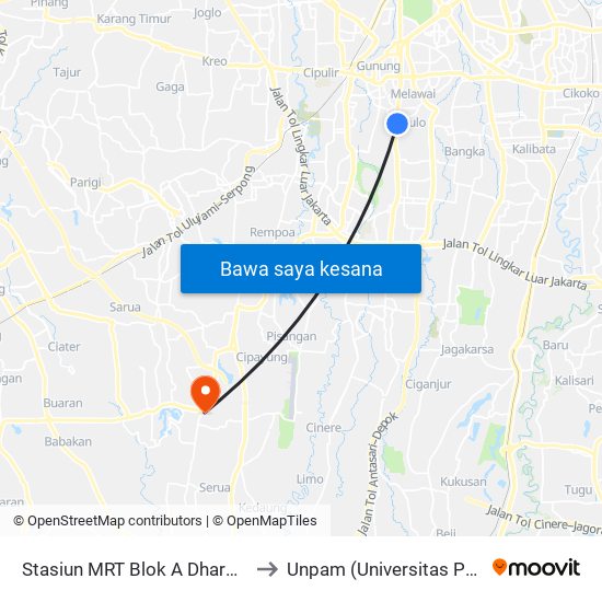 Stasiun MRT Blok A Dharmawangsa to Unpam (Universitas Pamulang) map