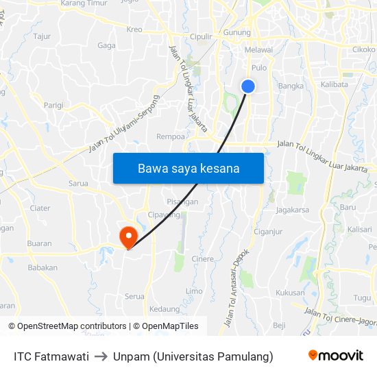 ITC Fatmawati to Unpam (Universitas Pamulang) map