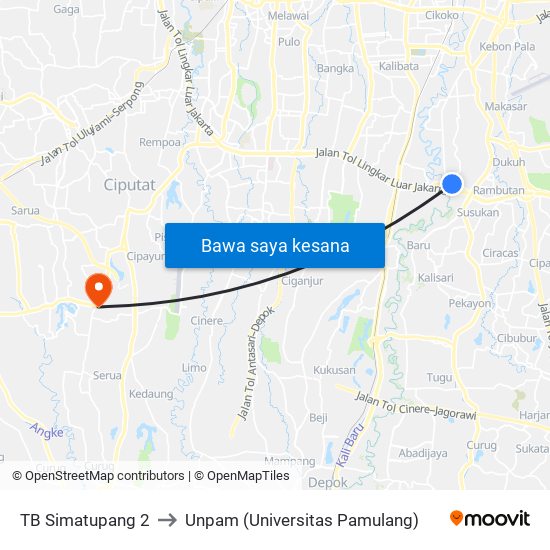 TB Simatupang 2 to Unpam (Universitas Pamulang) map