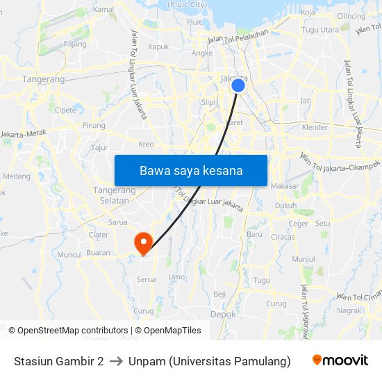 Stasiun Gambir 2 to Unpam (Universitas Pamulang) map