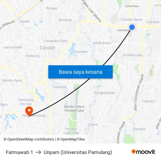 Fatmawati 1 to Unpam (Universitas Pamulang) map