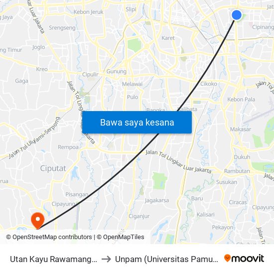 Utan Kayu Rawamangun 1 to Unpam (Universitas Pamulang) map