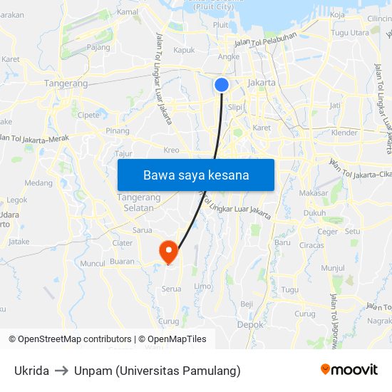 Ukrida to Unpam (Universitas Pamulang) map