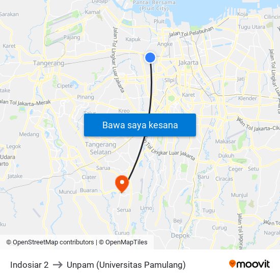 Indosiar 2 to Unpam (Universitas Pamulang) map
