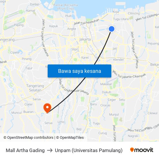 Mall Artha Gading to Unpam (Universitas Pamulang) map