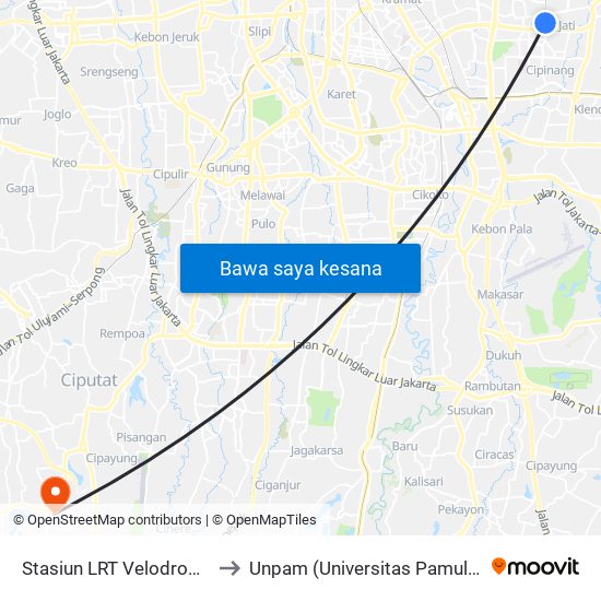Stasiun LRT Velodrome 1 to Unpam (Universitas Pamulang) map