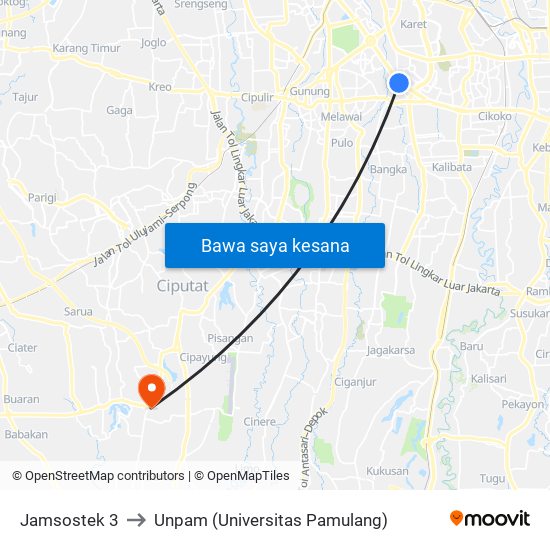 Jamsostek to Unpam (Universitas Pamulang) map