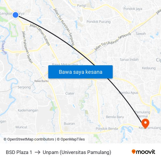 BSD Plaza 1 to Unpam (Universitas Pamulang) map