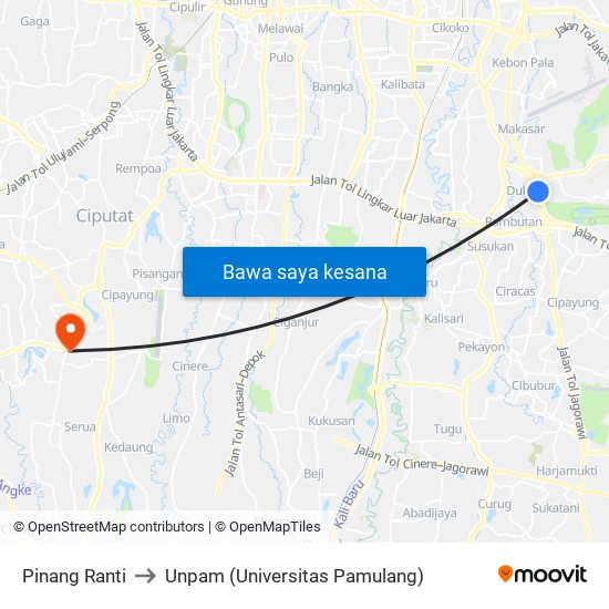 Pinang Ranti to Unpam (Universitas Pamulang) map