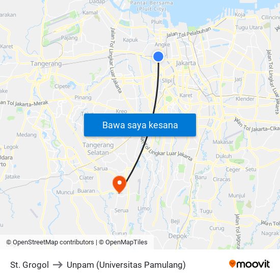 St. Grogol to Unpam (Universitas Pamulang) map