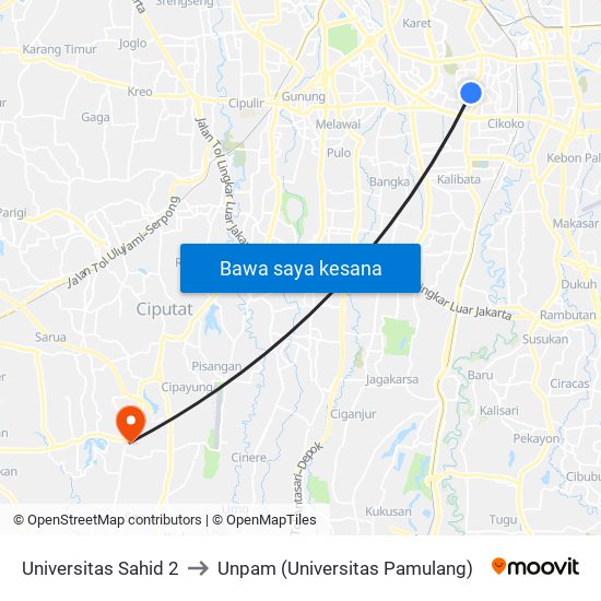 Universitas Sahid 2 to Unpam (Universitas Pamulang) map