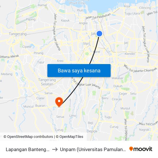 Lapangan Banteng 1 to Unpam (Universitas Pamulang) map