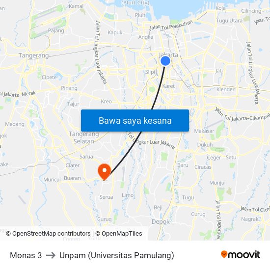 Monas 3 to Unpam (Universitas Pamulang) map