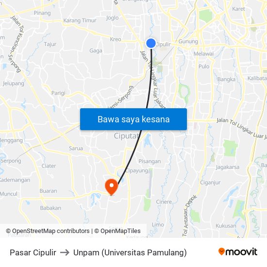 Pasar Cipulir to Unpam (Universitas Pamulang) map