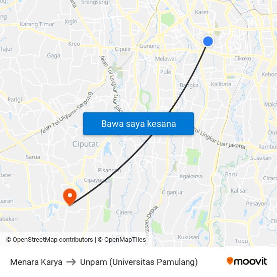 Menara Karya to Unpam (Universitas Pamulang) map