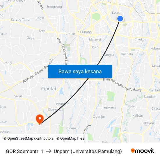 GOR Soemantri 1 to Unpam (Universitas Pamulang) map