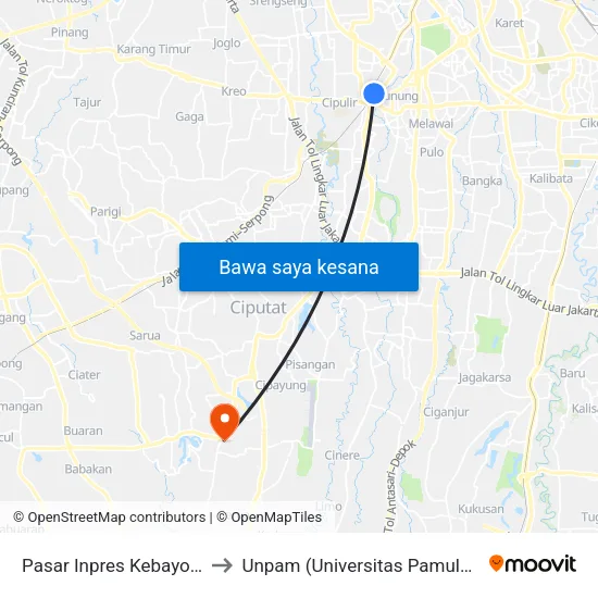 Pasar Inpres Kebayoran to Unpam (Universitas Pamulang) map