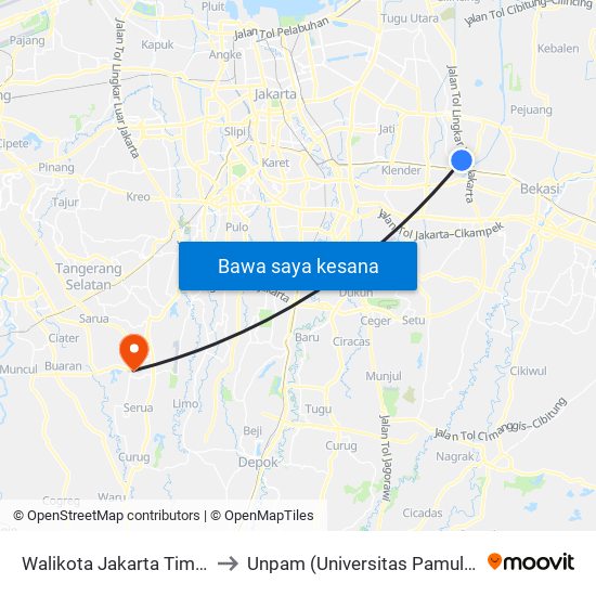 Walikota Jakarta Timur 1 to Unpam (Universitas Pamulang) map