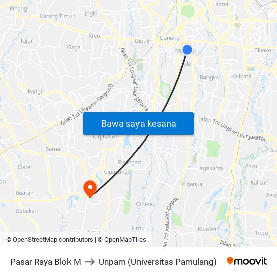 Pasar Raya Blok M to Unpam (Universitas Pamulang) map