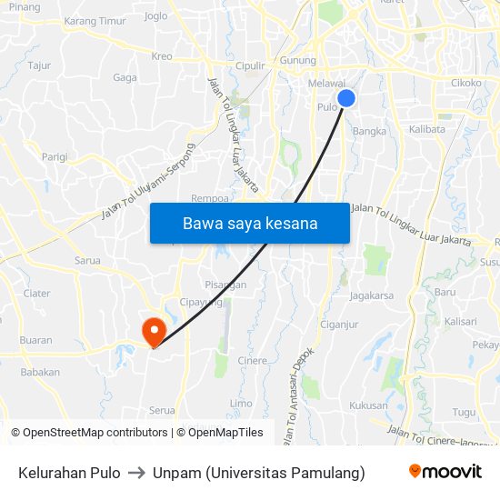 Kelurahan Pulo to Unpam (Universitas Pamulang) map