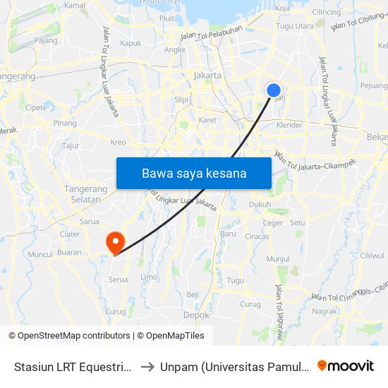 Stasiun LRT Equestrian 1 to Unpam (Universitas Pamulang) map