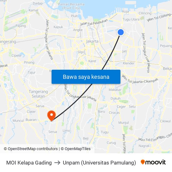 MOI Kelapa Gading to Unpam (Universitas Pamulang) map