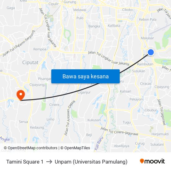 Tamini Square 1 to Unpam (Universitas Pamulang) map