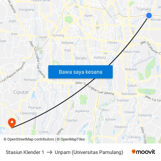 Stasiun Klender 1 to Unpam (Universitas Pamulang) map