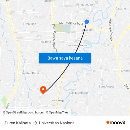 Duren Kalibata to Universitas Nasional map