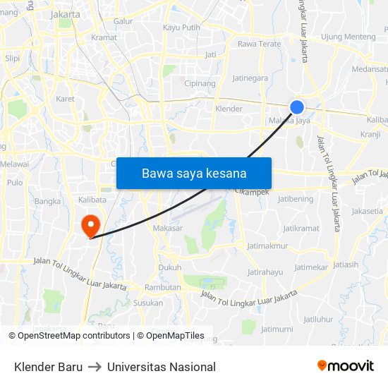 Klender Baru to Universitas Nasional map