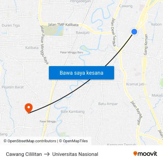 Cawang Cililitan to Universitas Nasional map
