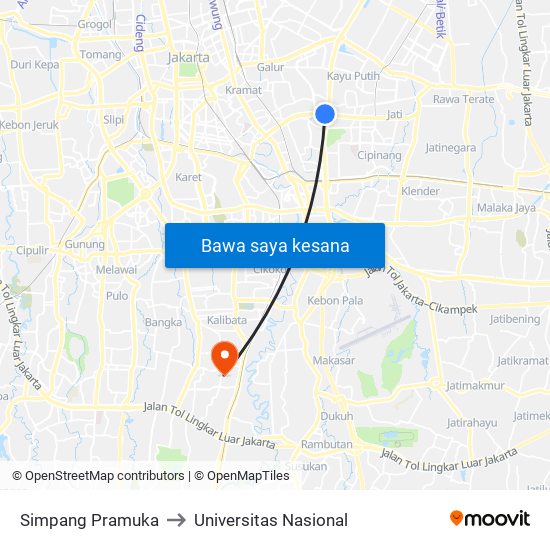 Simpang Pramuka to Universitas Nasional map
