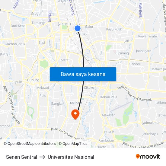 Senen Sentral to Universitas Nasional map