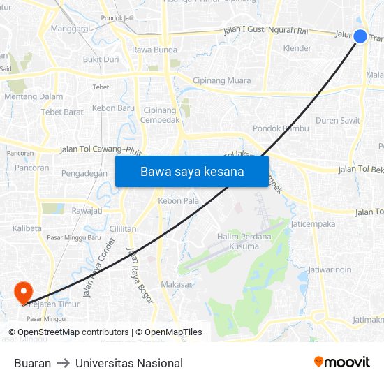 Buaran to Universitas Nasional map