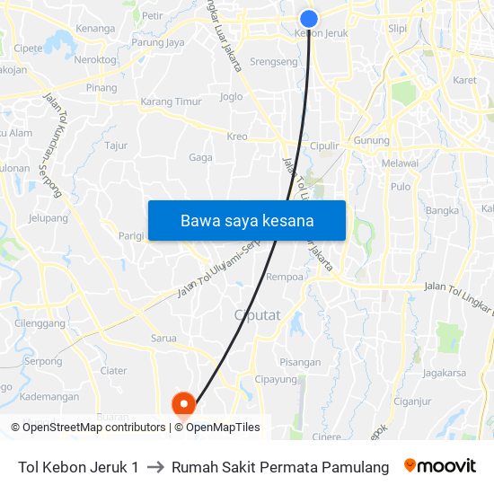 Tol Kebon Jeruk 1 to Rumah Sakit Permata Pamulang map