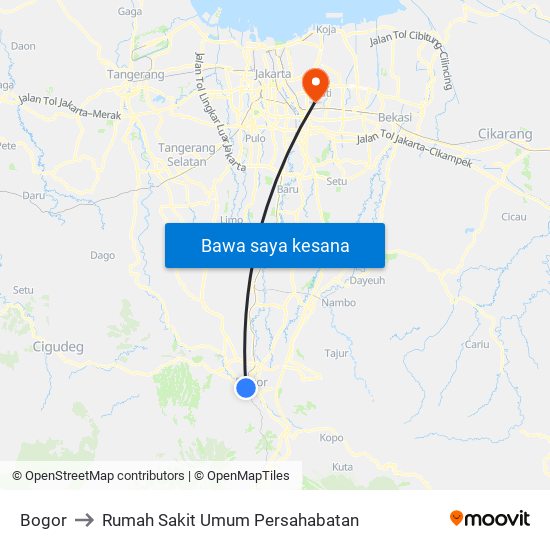 Bogor to Rumah Sakit Umum Persahabatan map