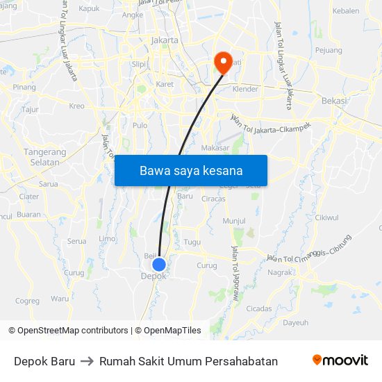 Depok Baru to Rumah Sakit Umum Persahabatan map