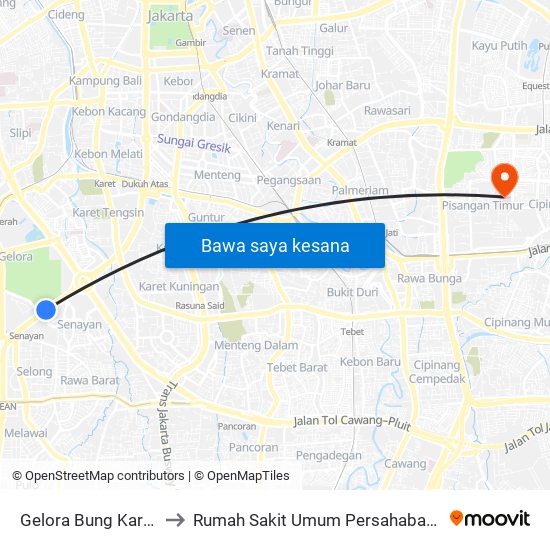 Gelora Bung Karno to Rumah Sakit Umum Persahabatan map