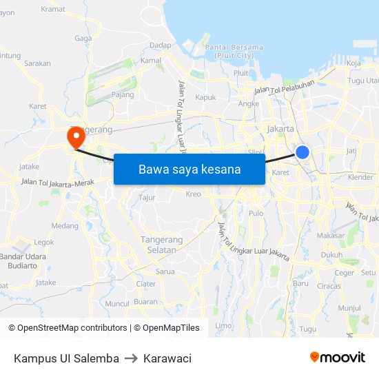 Kampus UI Salemba to Karawaci map