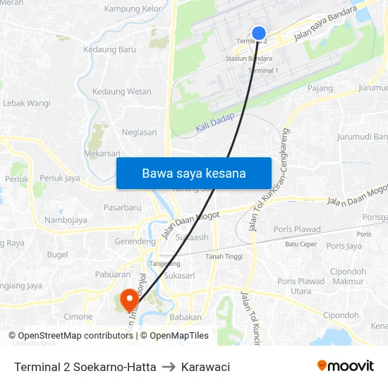 Terminal 2 Soekarno-Hatta to Karawaci map