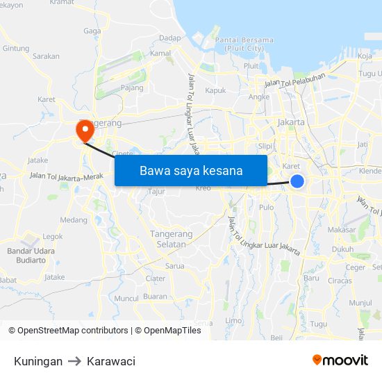 Kuningan to Karawaci map