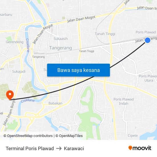 Terminal Poris Plawad to Karawaci map