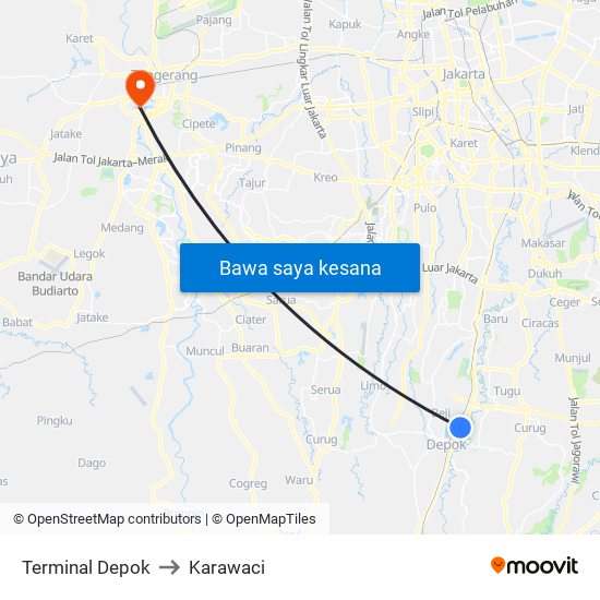 Terminal Depok to Karawaci map