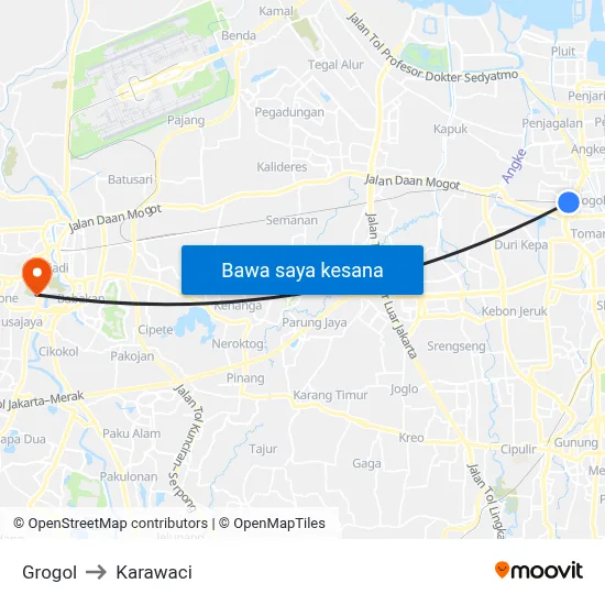 Grogol to Karawaci map