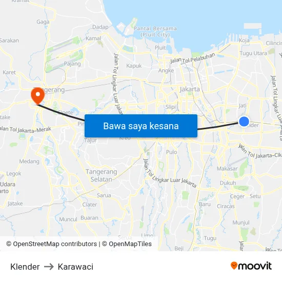 Klender to Karawaci map