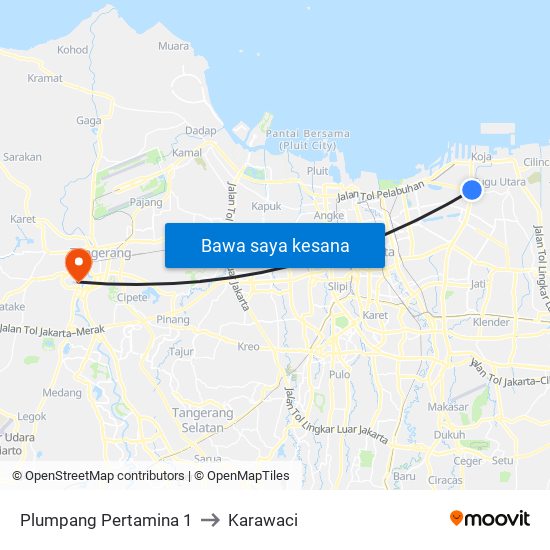 Plumpang Pertamina 1 to Karawaci map